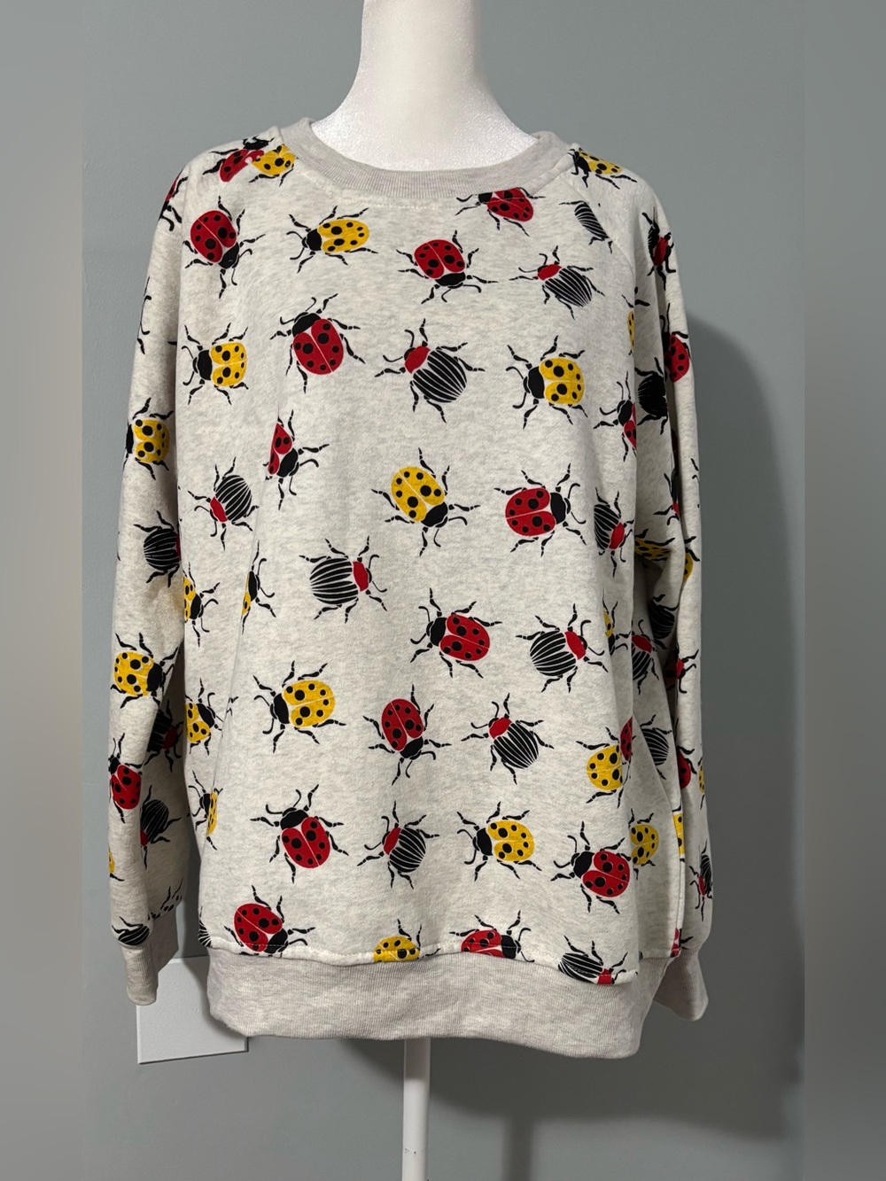 LA Soul Ladybug Print Crewneck Sweater - Red & Yellow Size XL